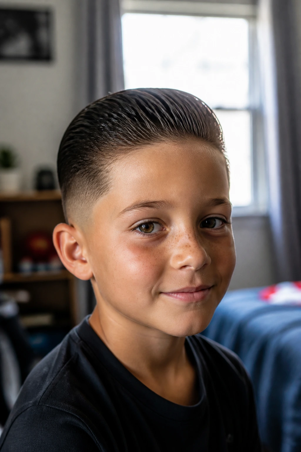Close-up portrait of a child with a slicked-back taper hairstyle under warm morning light
