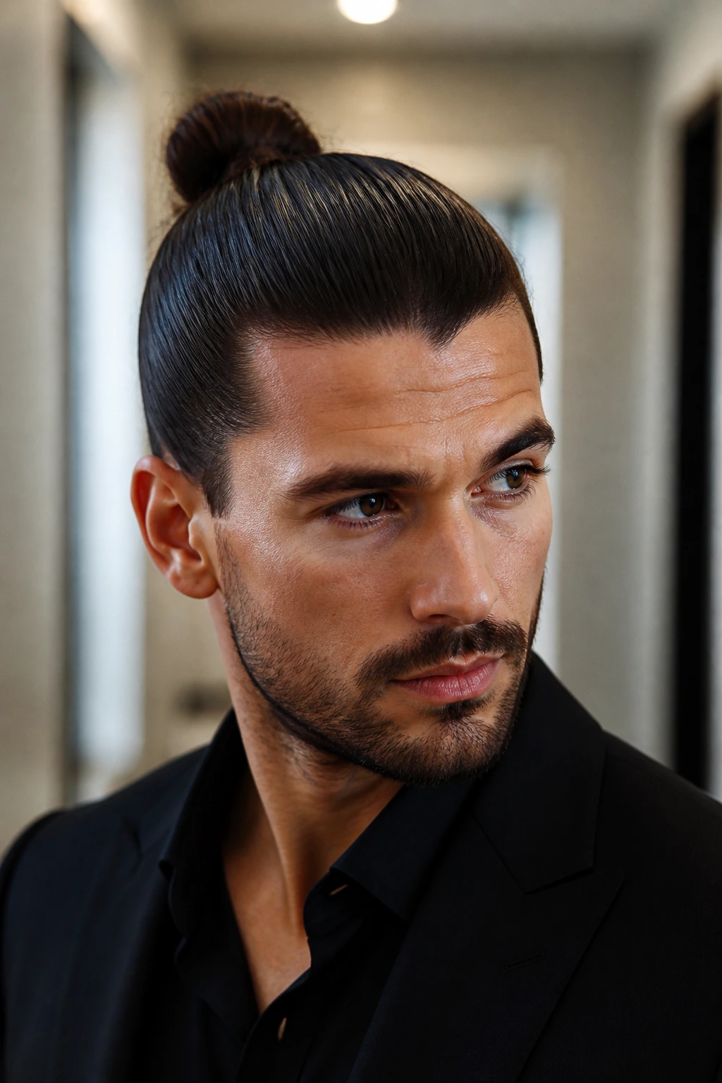 Close-up portrait of a man with a slicked-back top knot