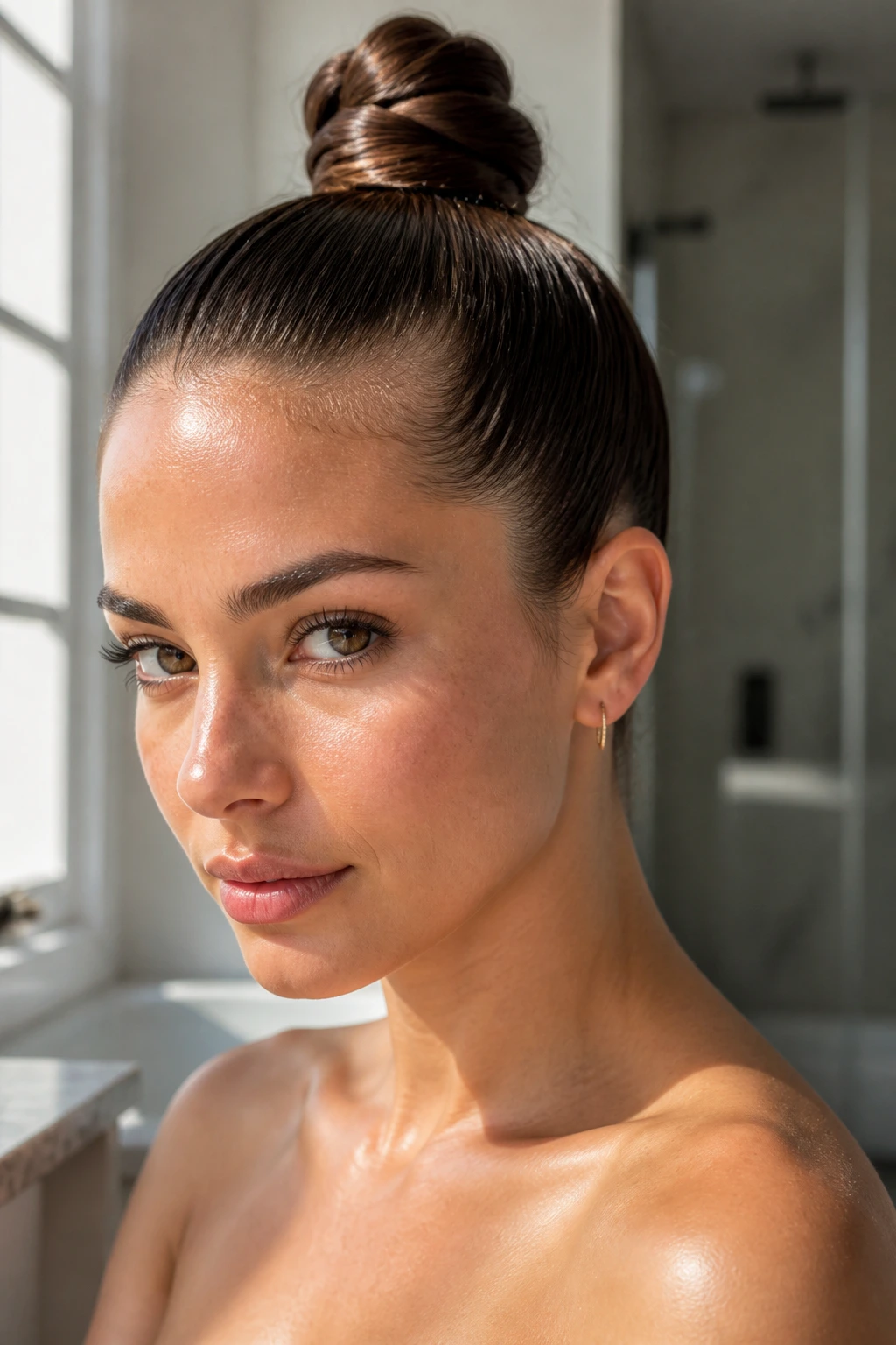 Close-up of a real woman with a slicked-back top knot in natural light