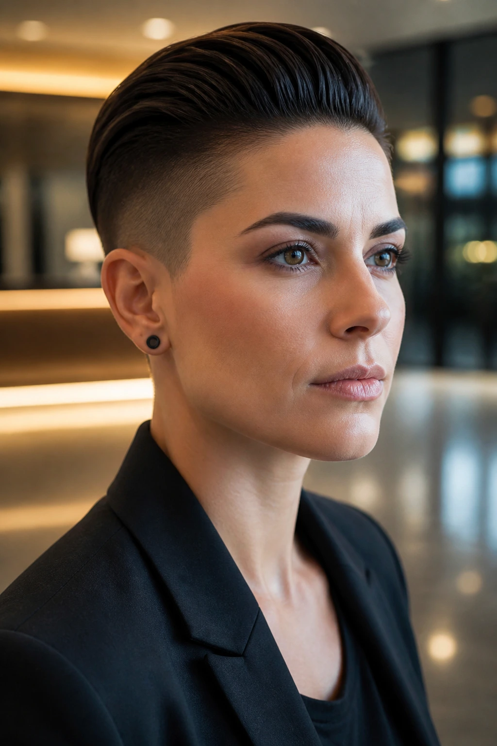 Close-up portrait of a real person with slicked-back undercut and long top.