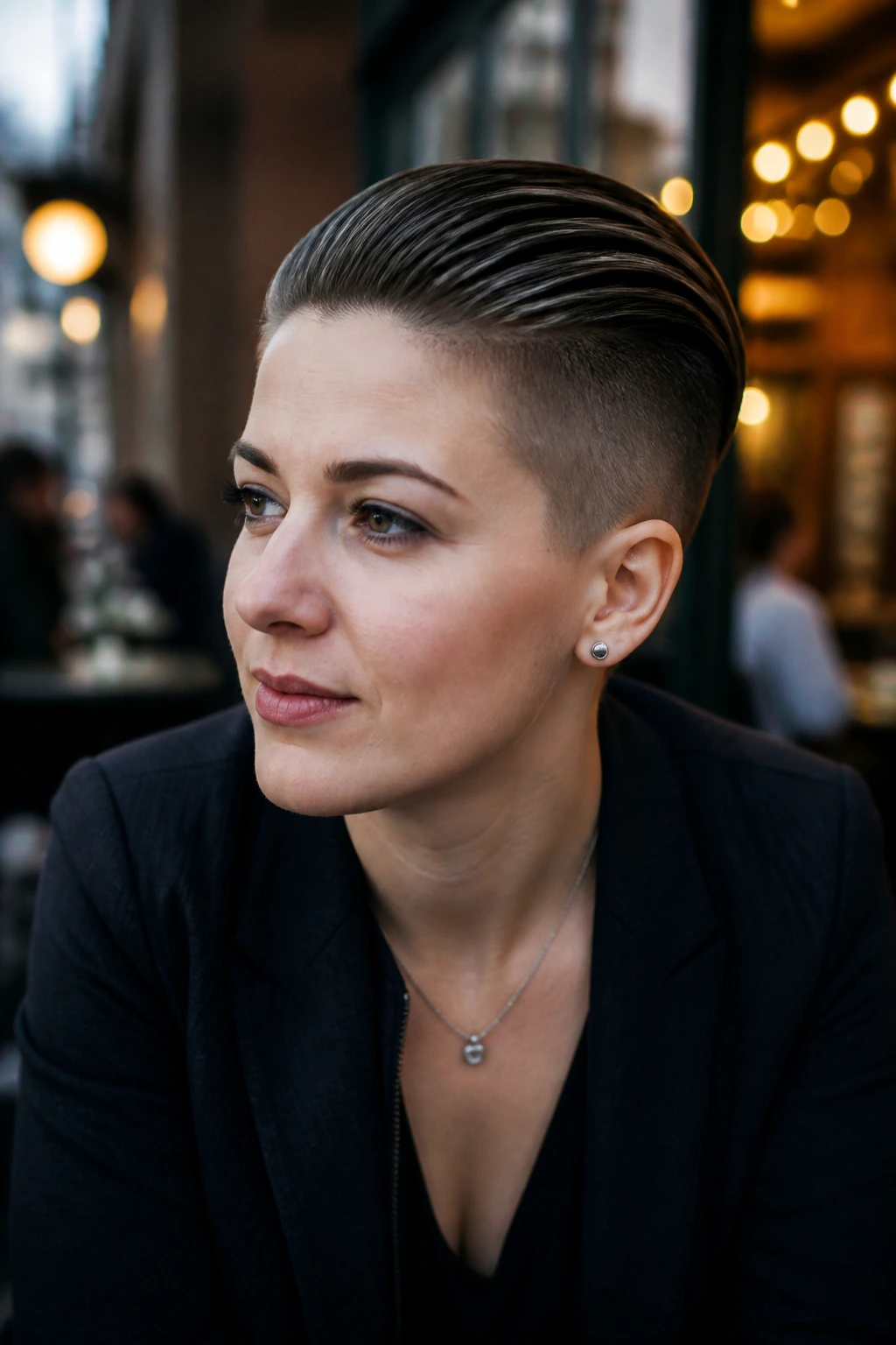 Close-up portrait of a real person with a slicked-back undercut pixie in an urban cafe scene