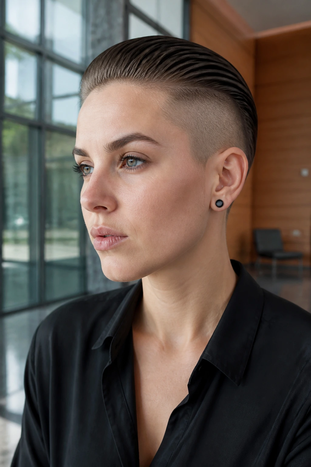 Close-up of a real woman with a slicked-back undercut and long top
