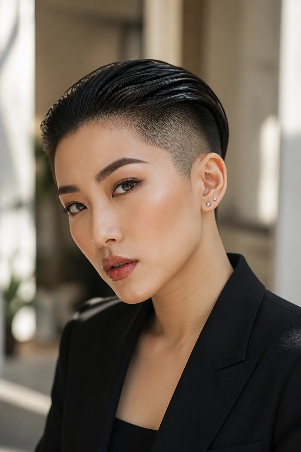 Real woman with slicked-back cropped undercut and defined hairline.
