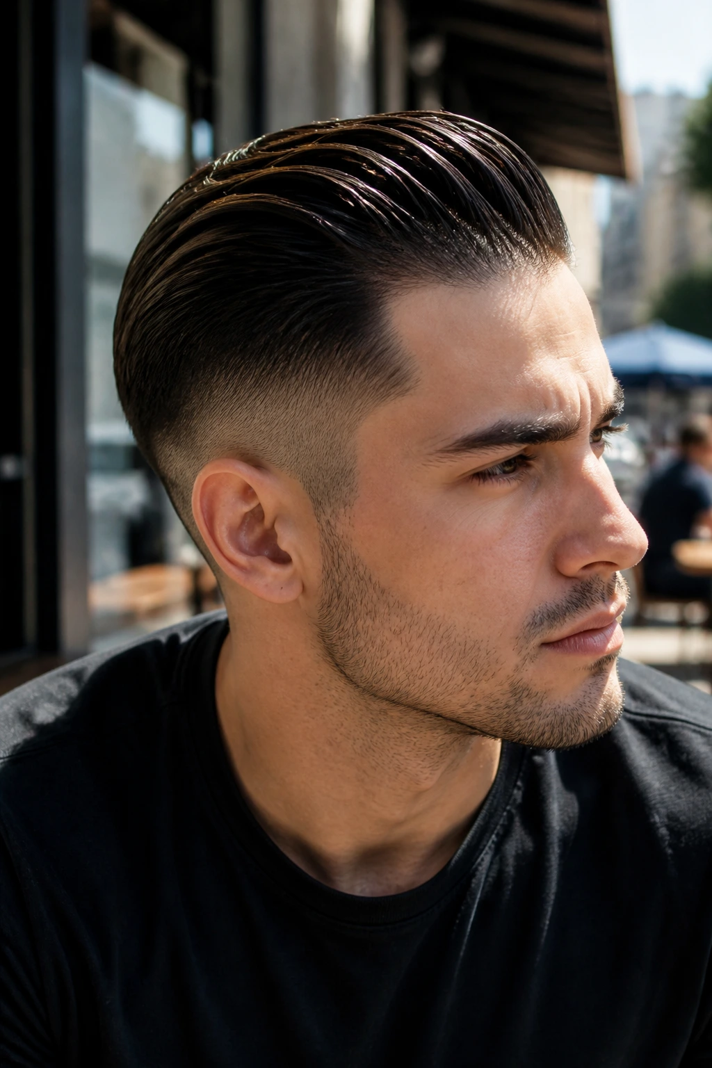 Close-up portrait of a man with a slicked-back undercut in outdoor light