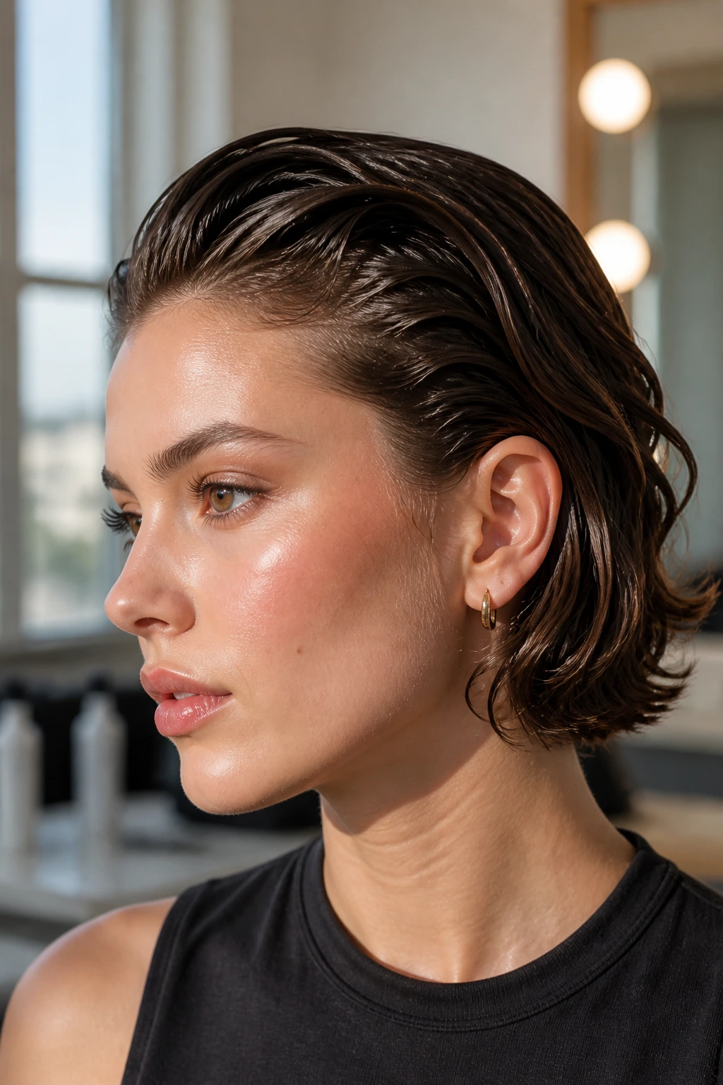 Close-up of a real person with slicked-back waves and defined ends in a sunlit room