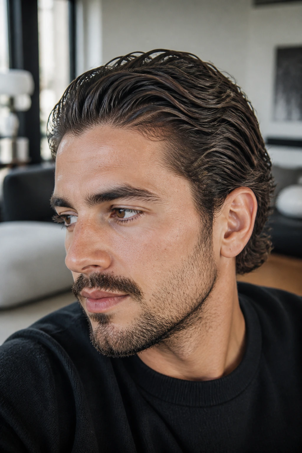 Close-up of a man with slicked-back waves and natural separation.