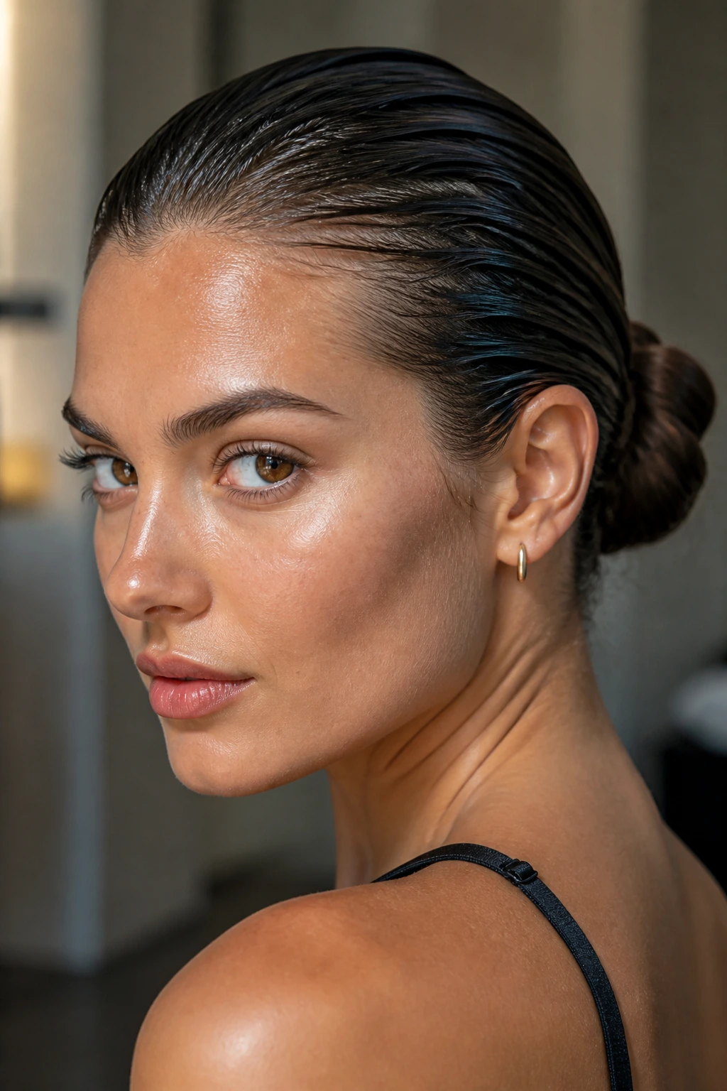 Close-up of a real woman with a slicked-back wet-look bun
