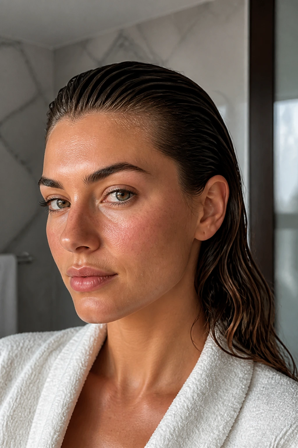 Close-up of a real person with a slicked-back wet look hair