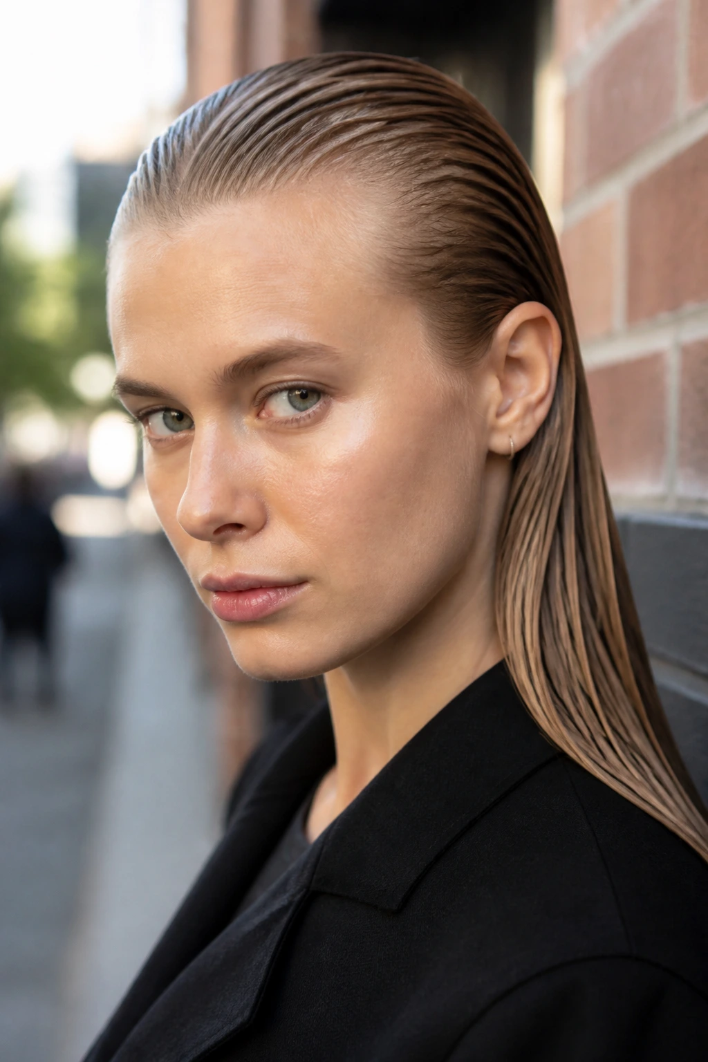Real woman with slicked-back wet look hair against a brick-wall street setting