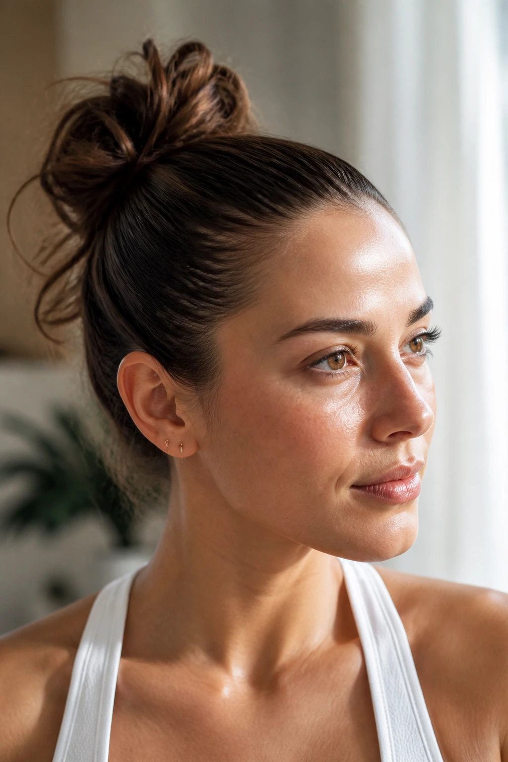 Real woman with a slicked-front messy bun.