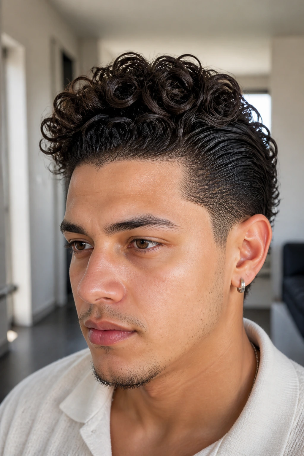 Close-up of a real person with slicked sides curly faux hawk in a bright hallway