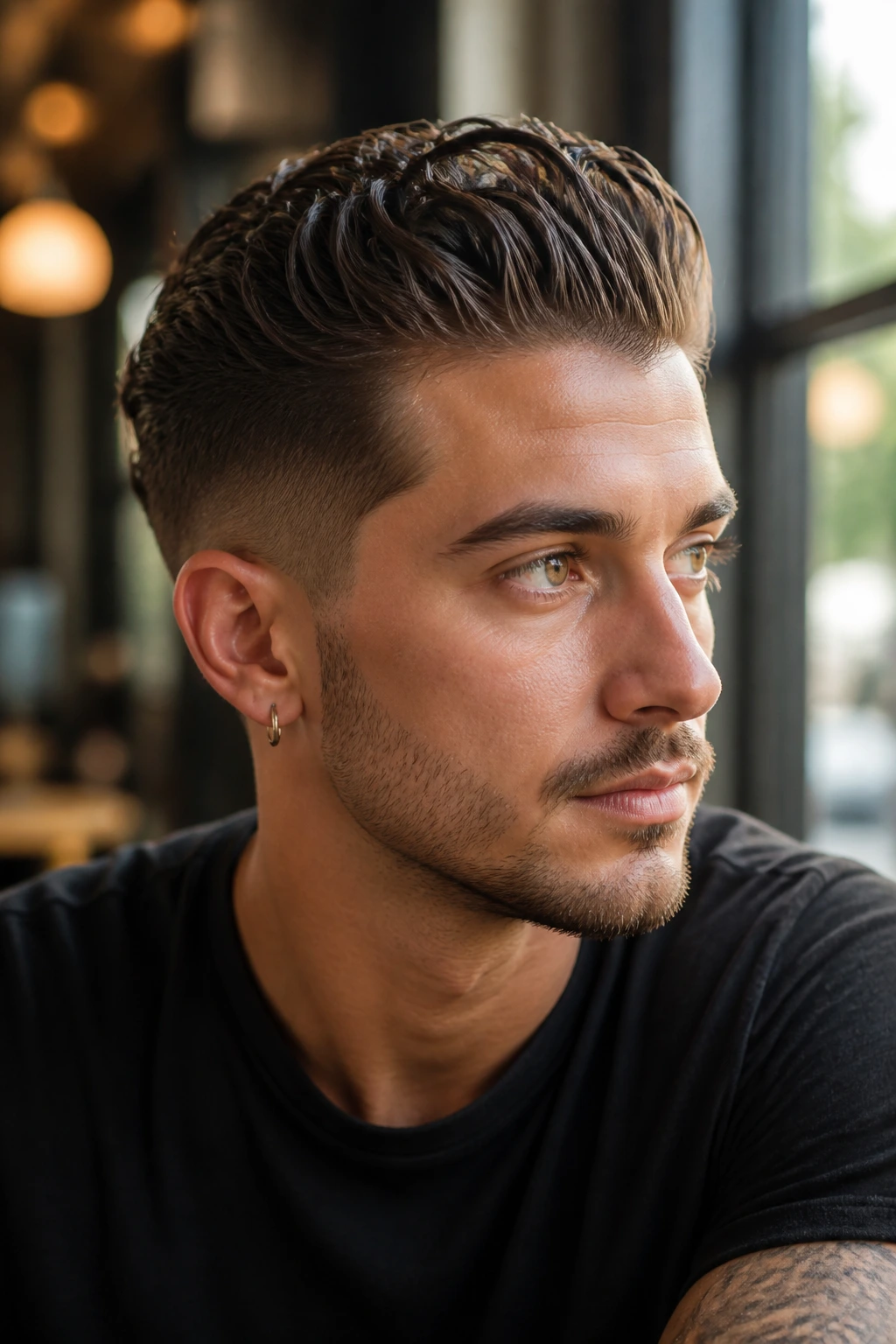 Close-up portrait of a person with slicked wavy hawk hairstyle in cafe window light