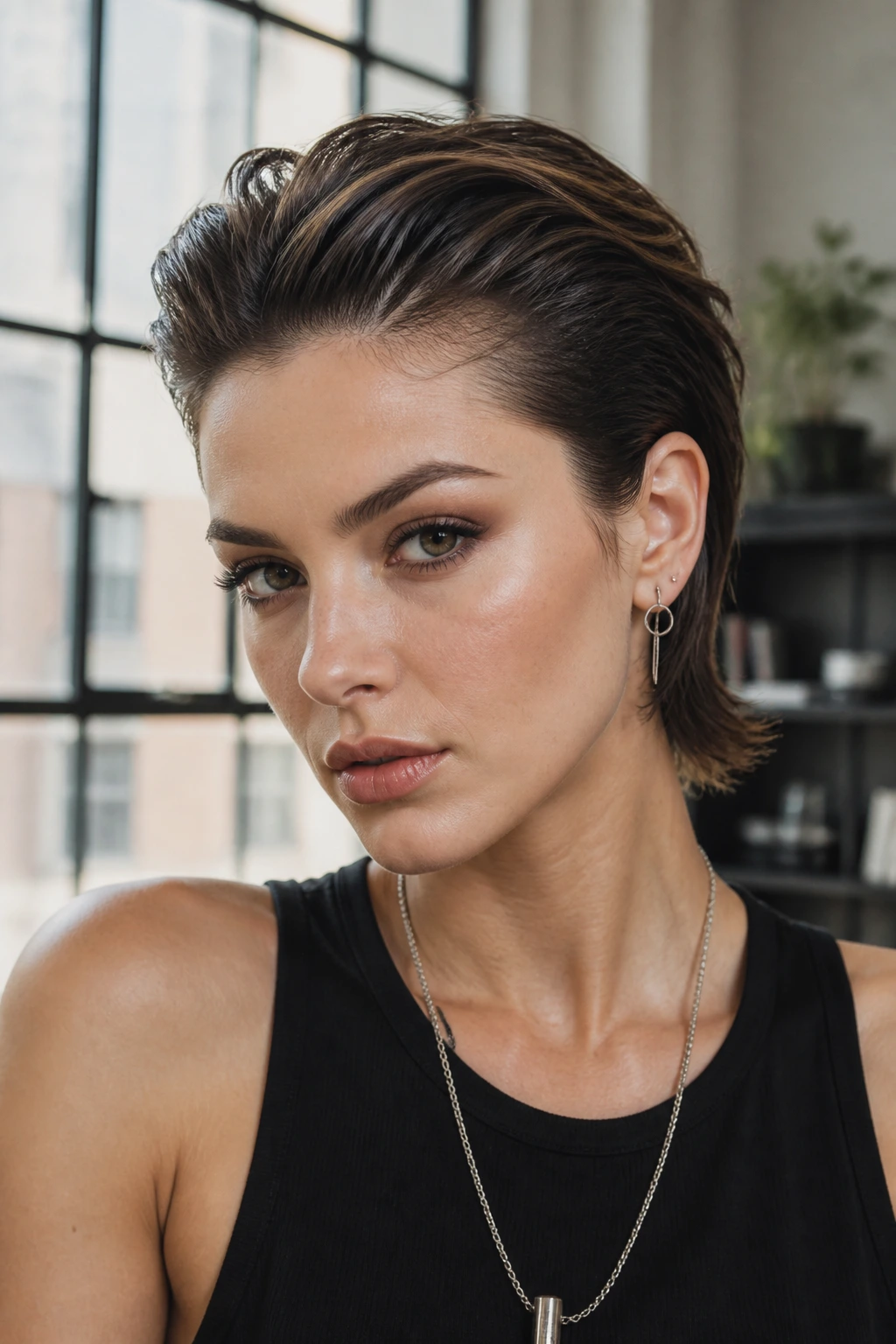 Close-up of a real person with slicked-back wolf cut in an urban loft setting
