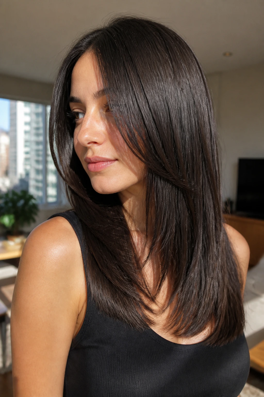 Close-up of a woman with mid-length slide-cut hair showing movement