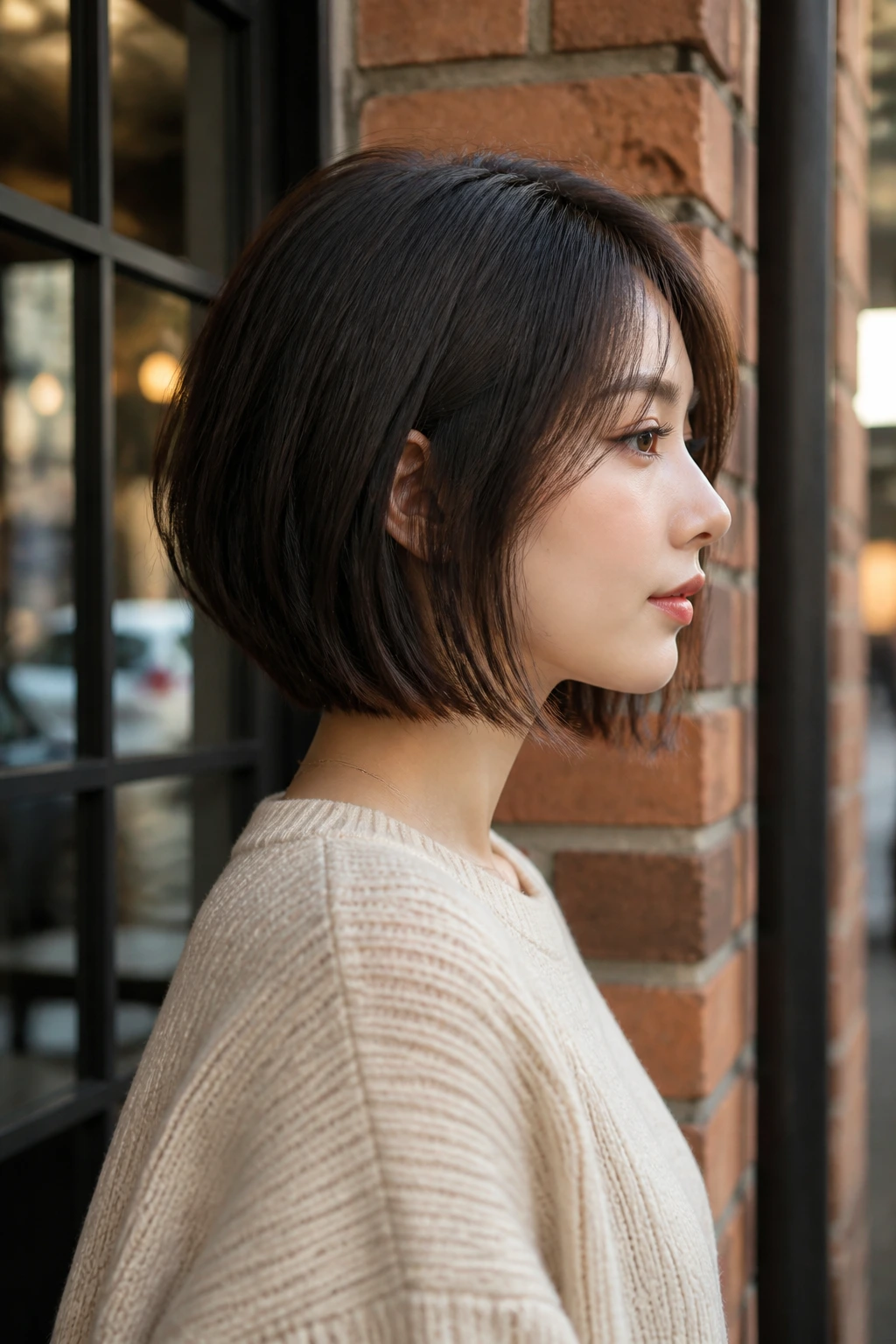 Side-profile of a real woman with Slight A-Line Lob