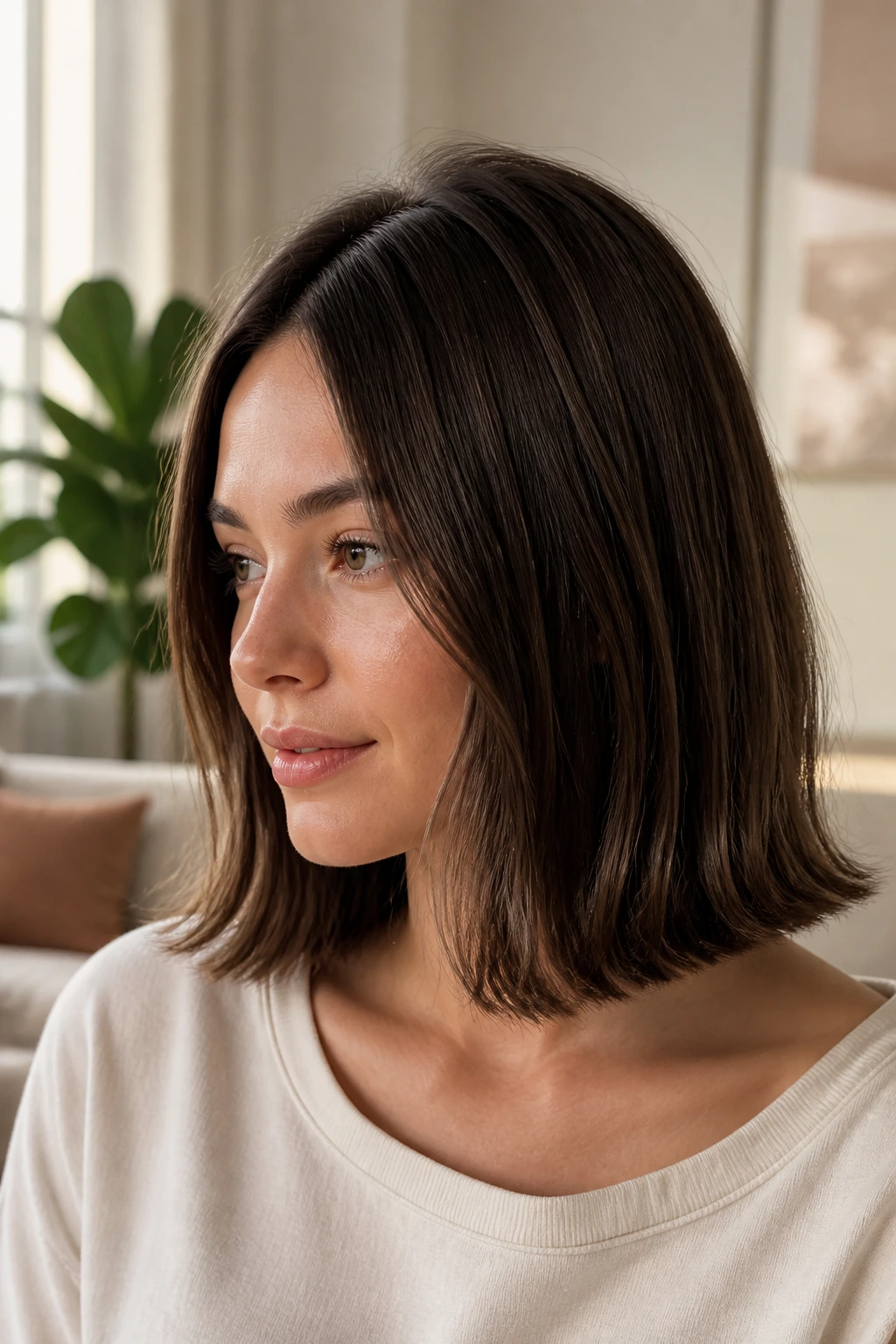Real woman with slight bend lob showing gentle end bend under warm light