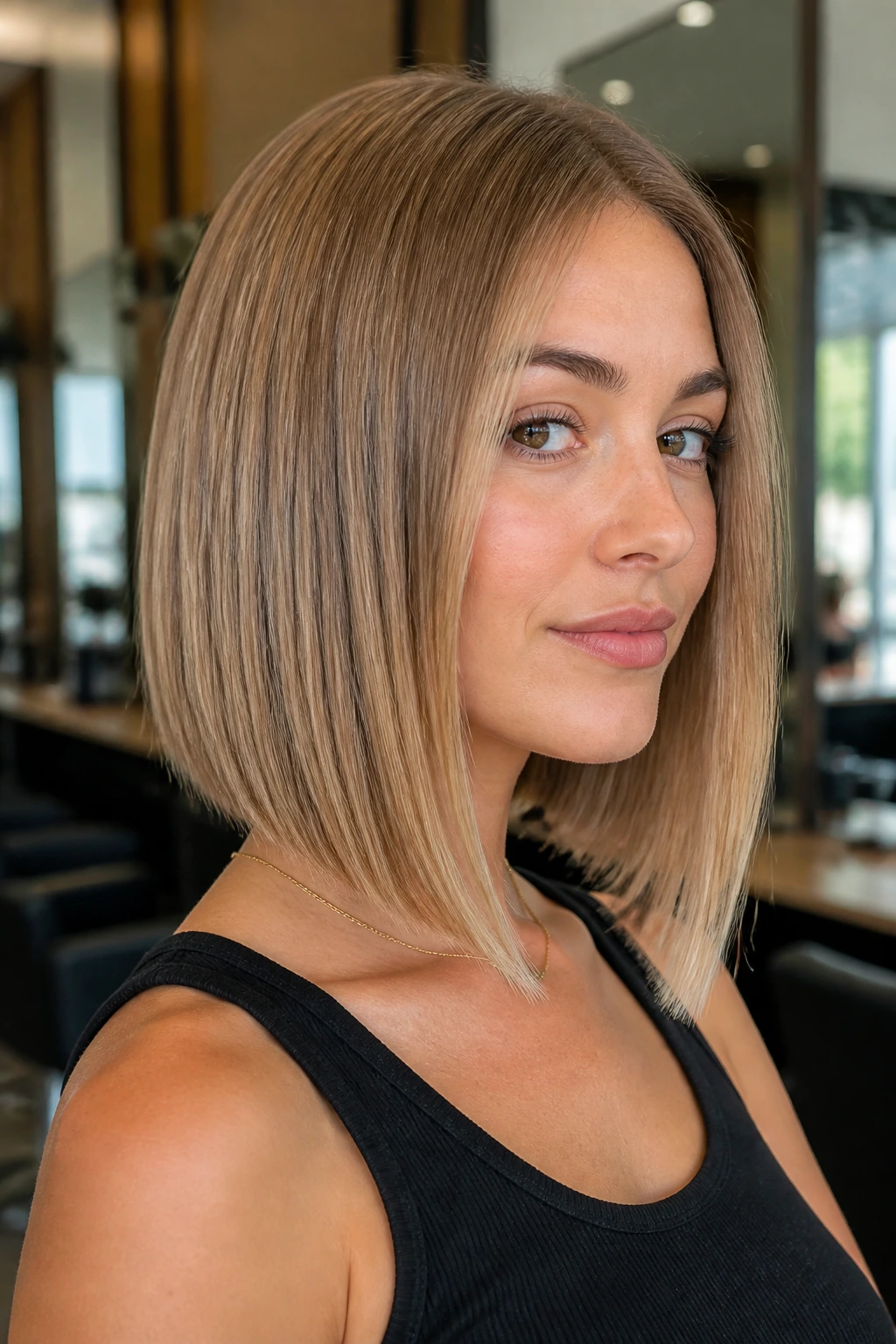 Close-up of a real woman with slightly angled lob showing forward drape