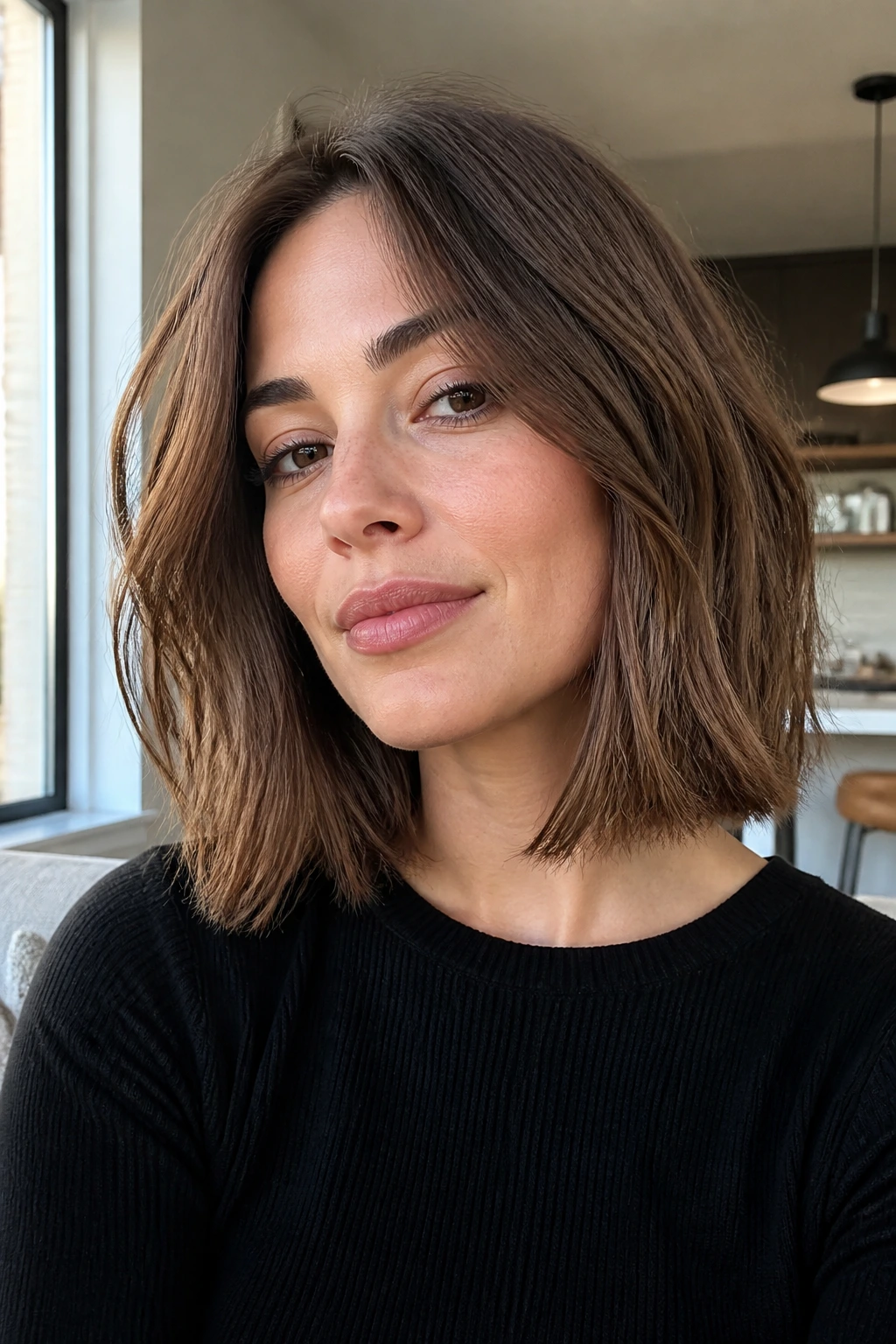 Close-up of a real woman with Slightly Choppy Lob showing subtle texture