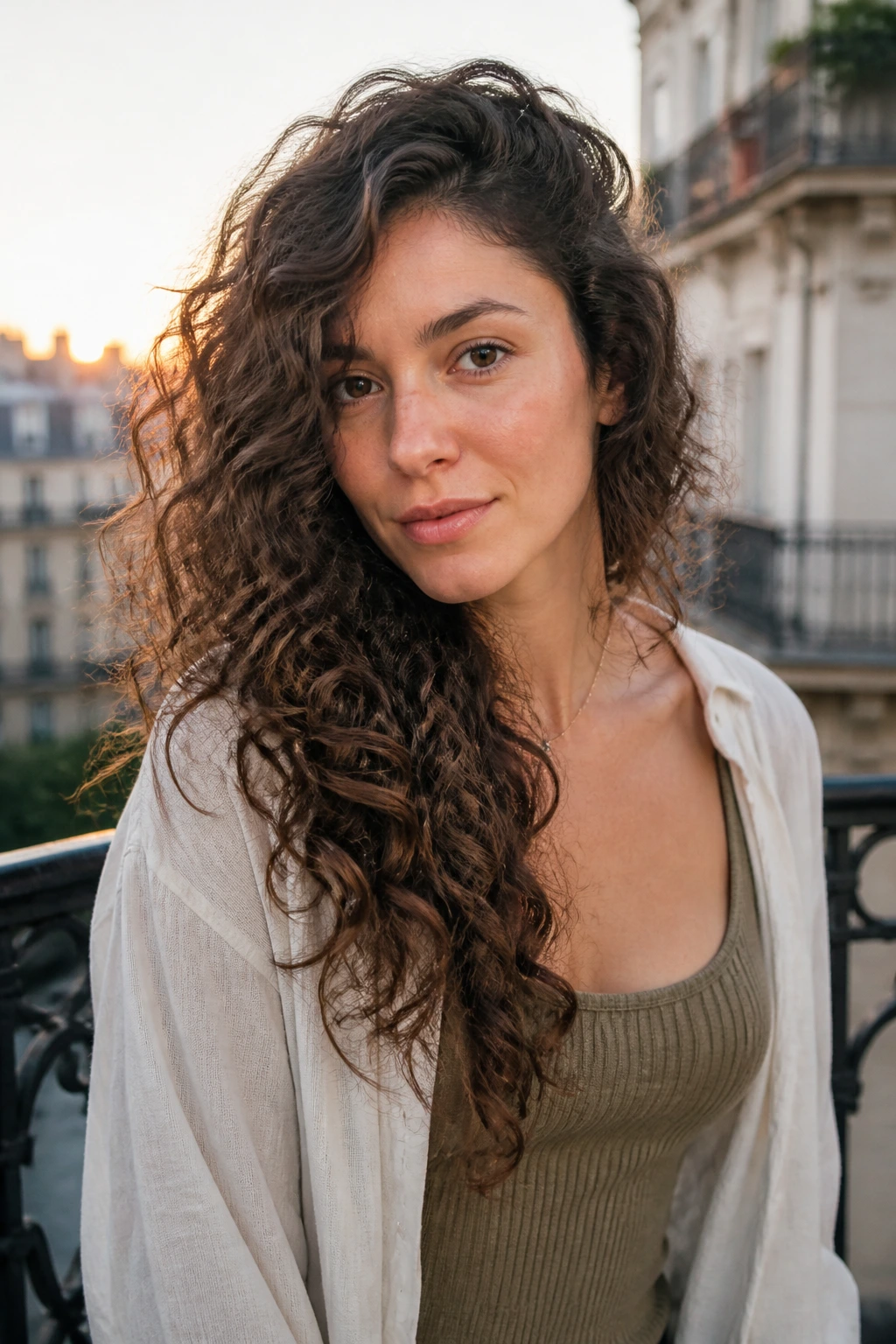 Medium close-up of a real woman with sloped cascade layers for an oval face.