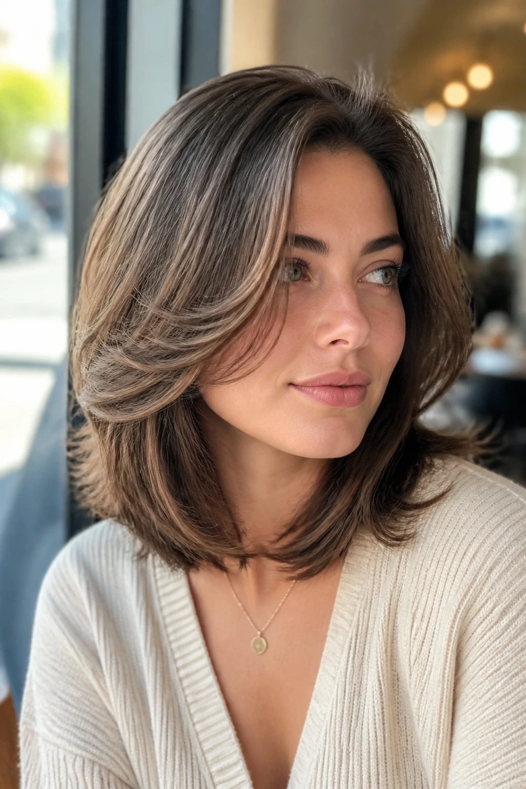Close-up of a real woman with sloped front layers framing the face.