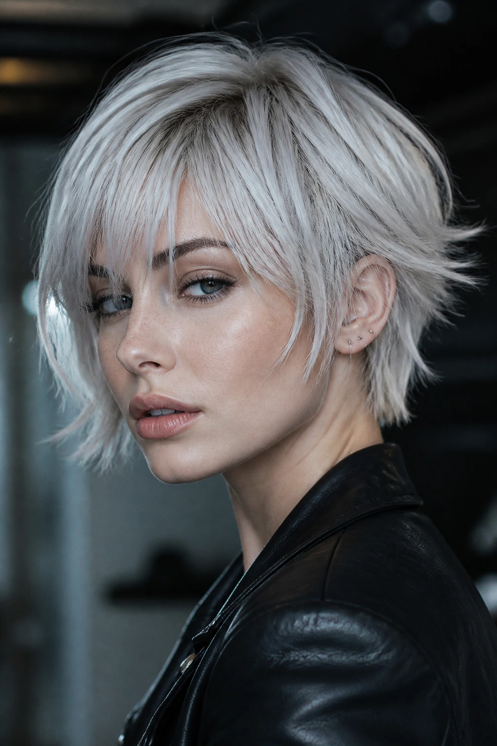 Close-up portrait of a real woman with frosty slushy ice blonde hair