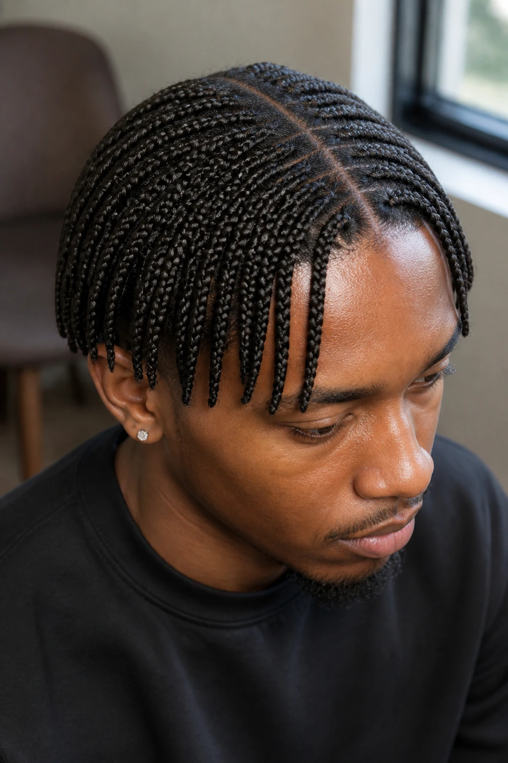 Man with small box braids showing dense grid and precise parting.