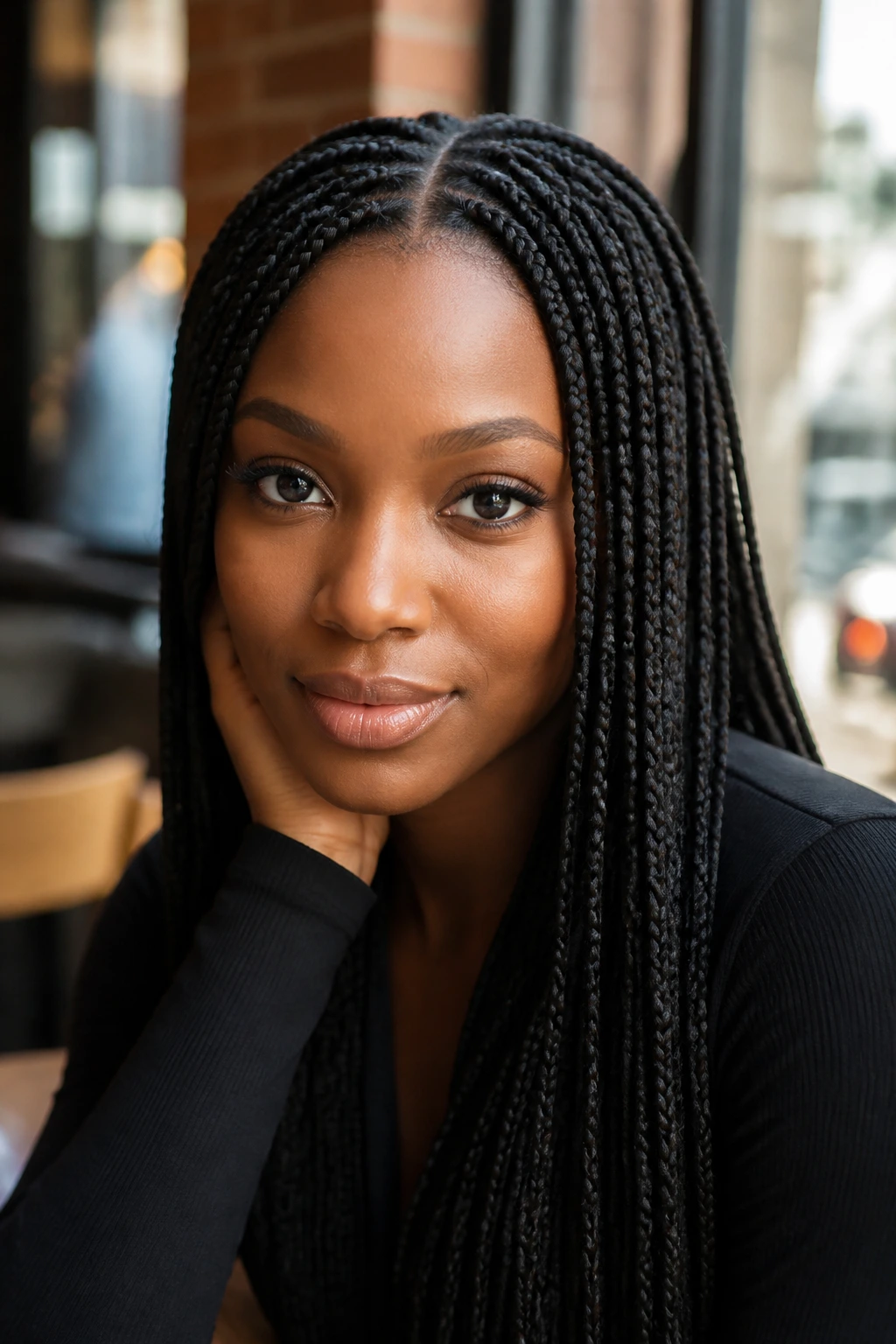 Close-up portrait of a real Black woman with small box braids filling the frame.