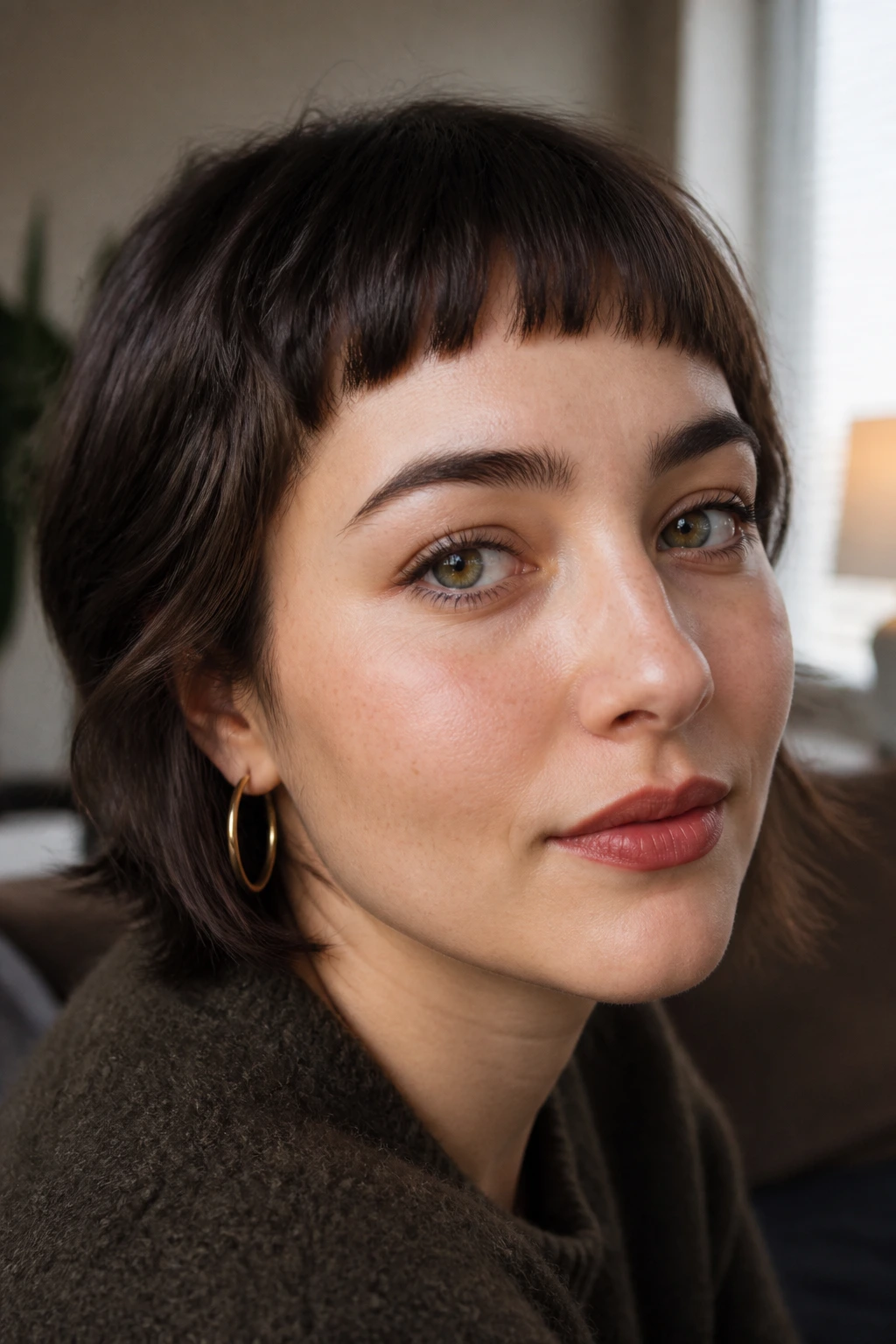 Close-up portrait of a real person with a small fringe showing bite under window light