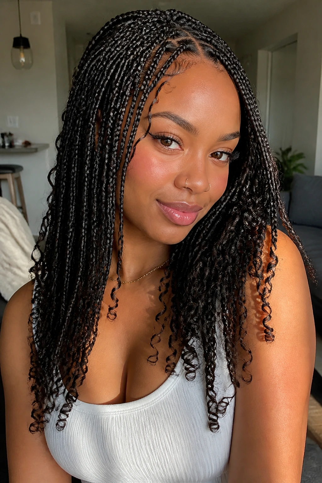 Close-up of a real woman with small knotless braids and scattered curl pieces in a cozy indoor setting.