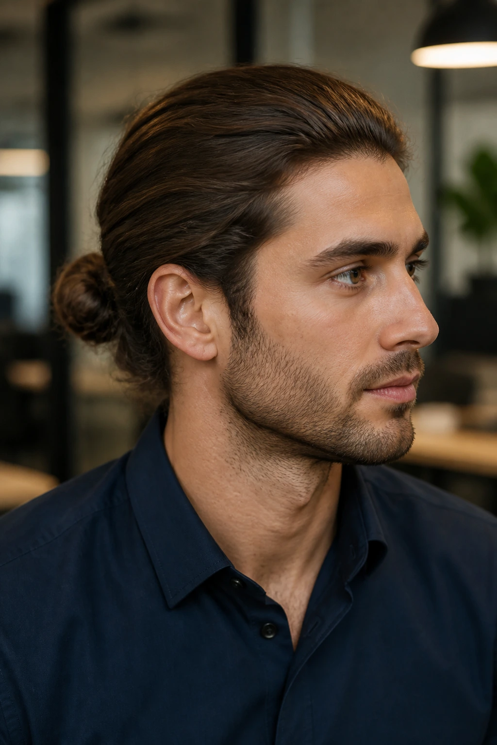 Close-up of a man with a small bun and soft volume in an office