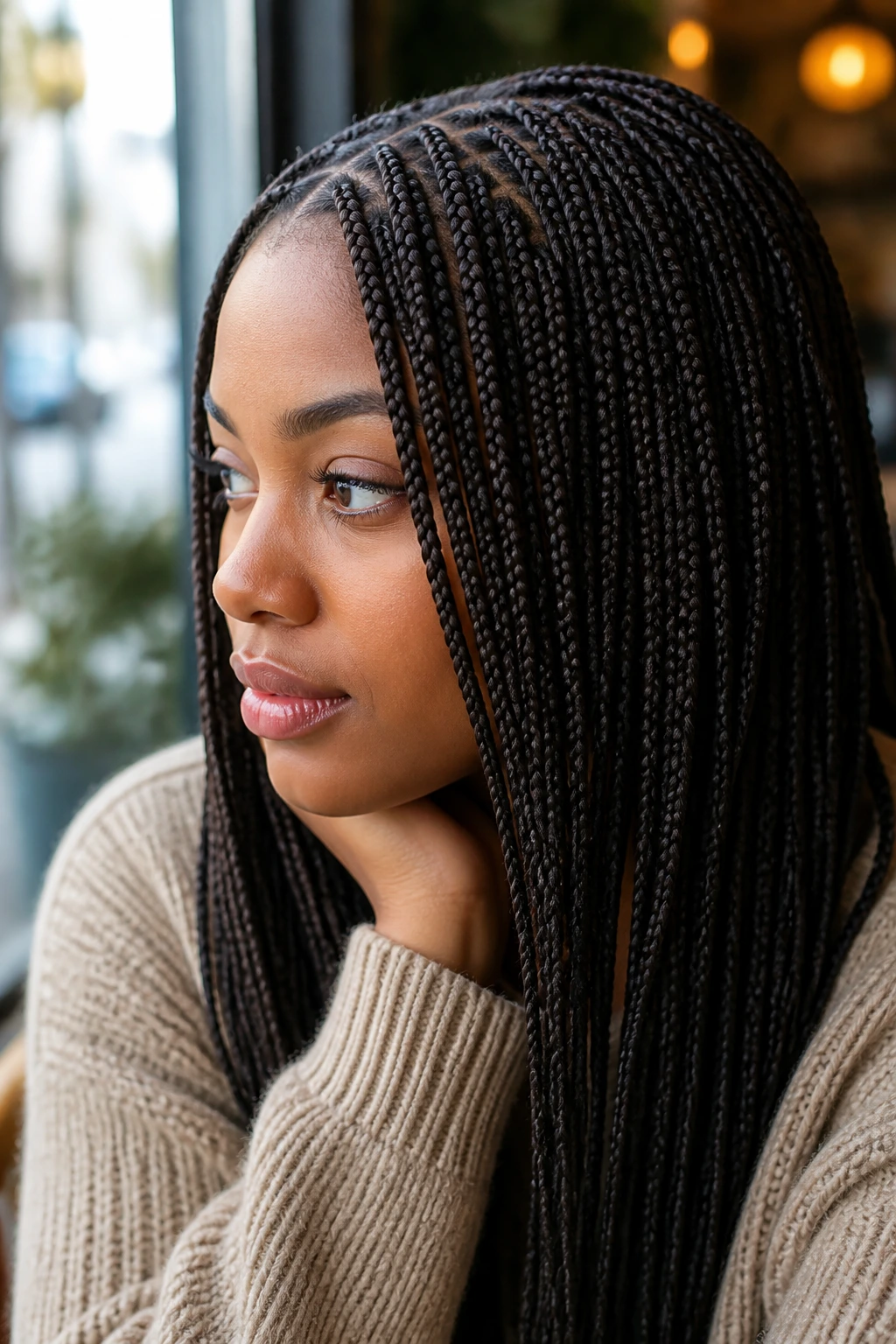 Close-up of a real woman with small neat box braids
