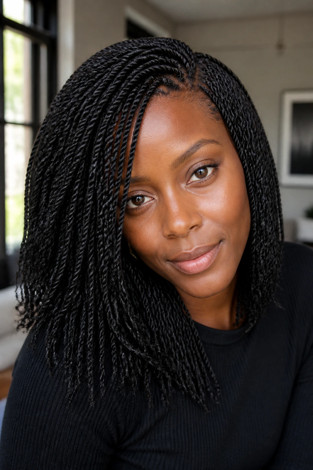 Close-up of a real woman with Small-Size Havana Twists densely packed around the face
