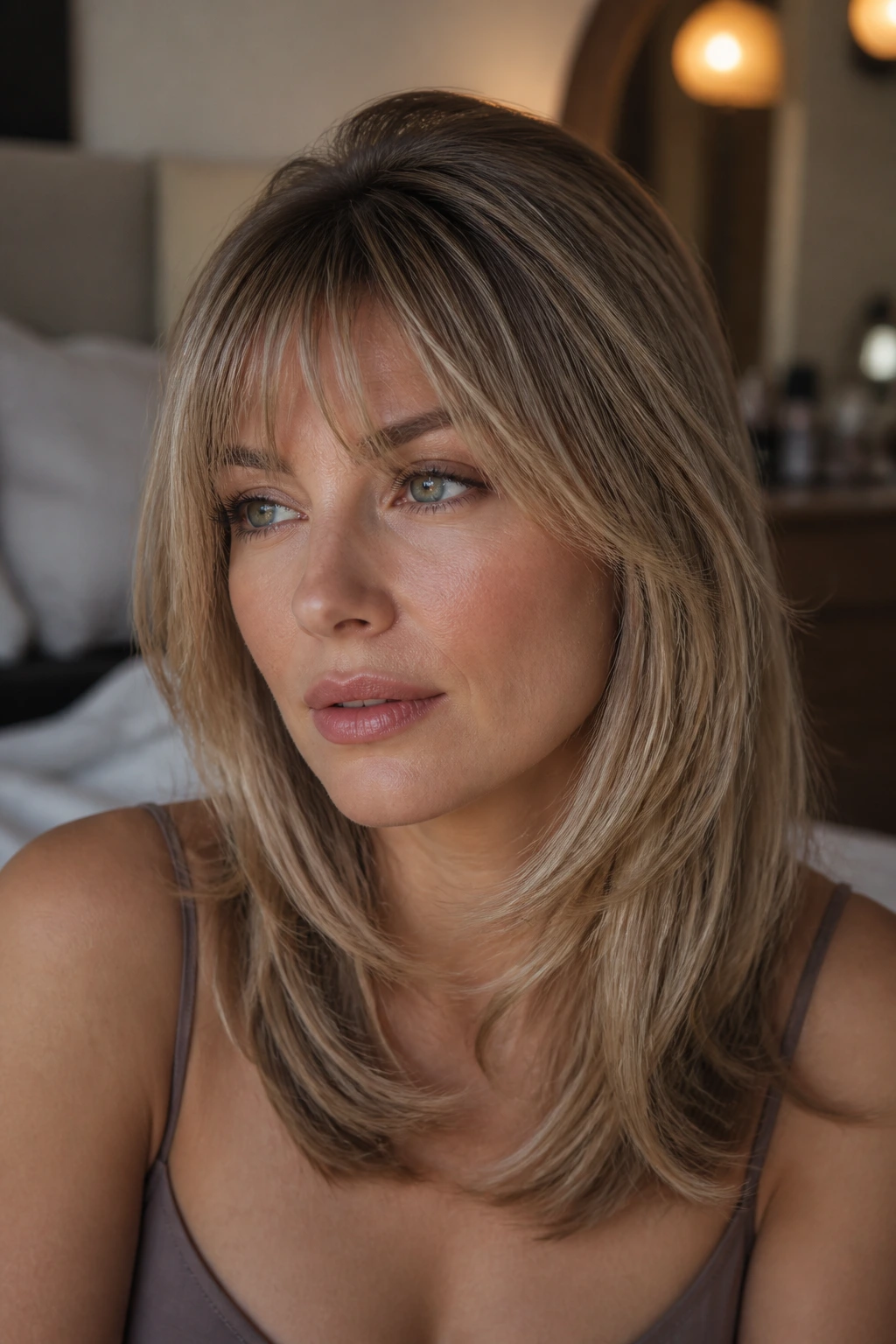 Close-up of a woman with subtle crown lift and gloss on fine hair