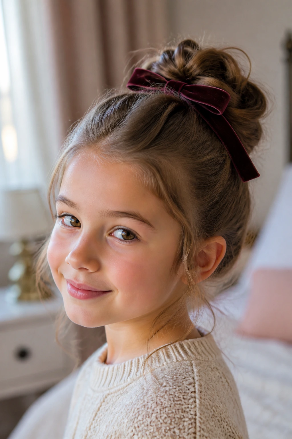Close-up of a girl's hair showing texture boost and velvet ribbon in a cozy bedroom