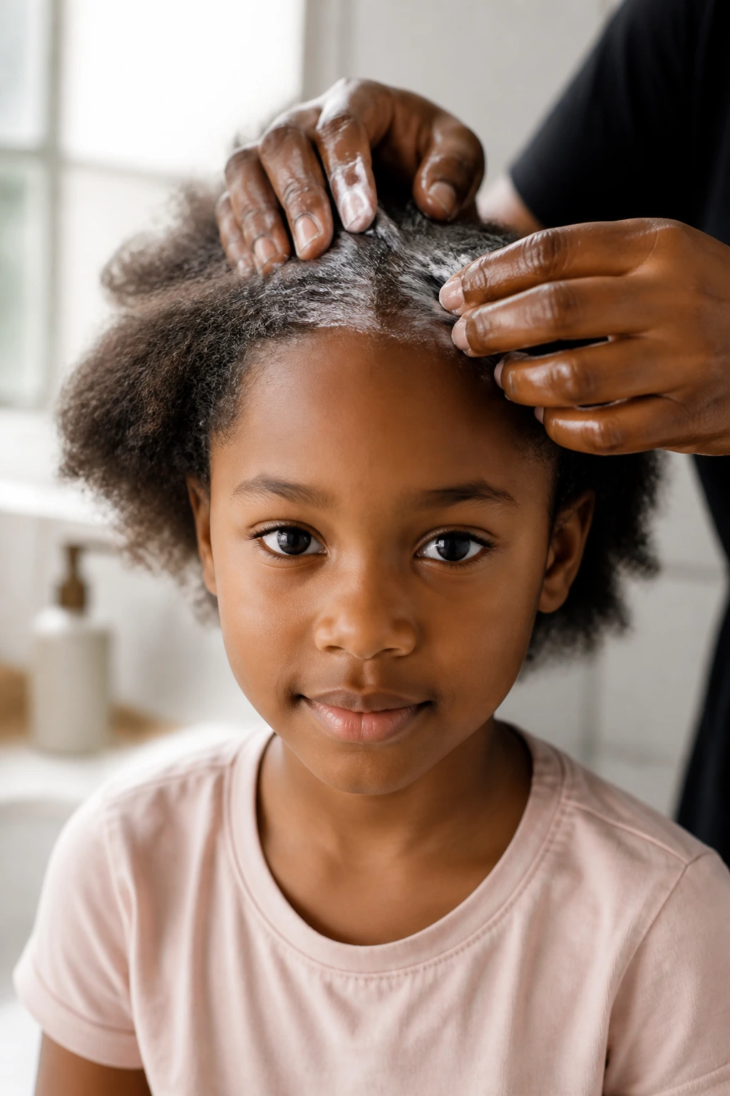 Close-up of a child getting styling product applied to hair at the roots