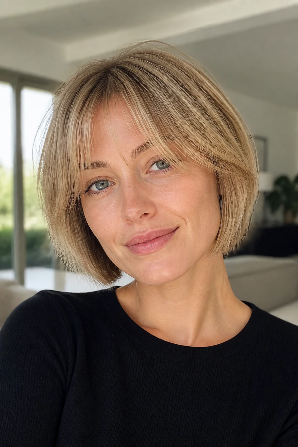Close-up of a real woman with airy curtain fringe for fine hair