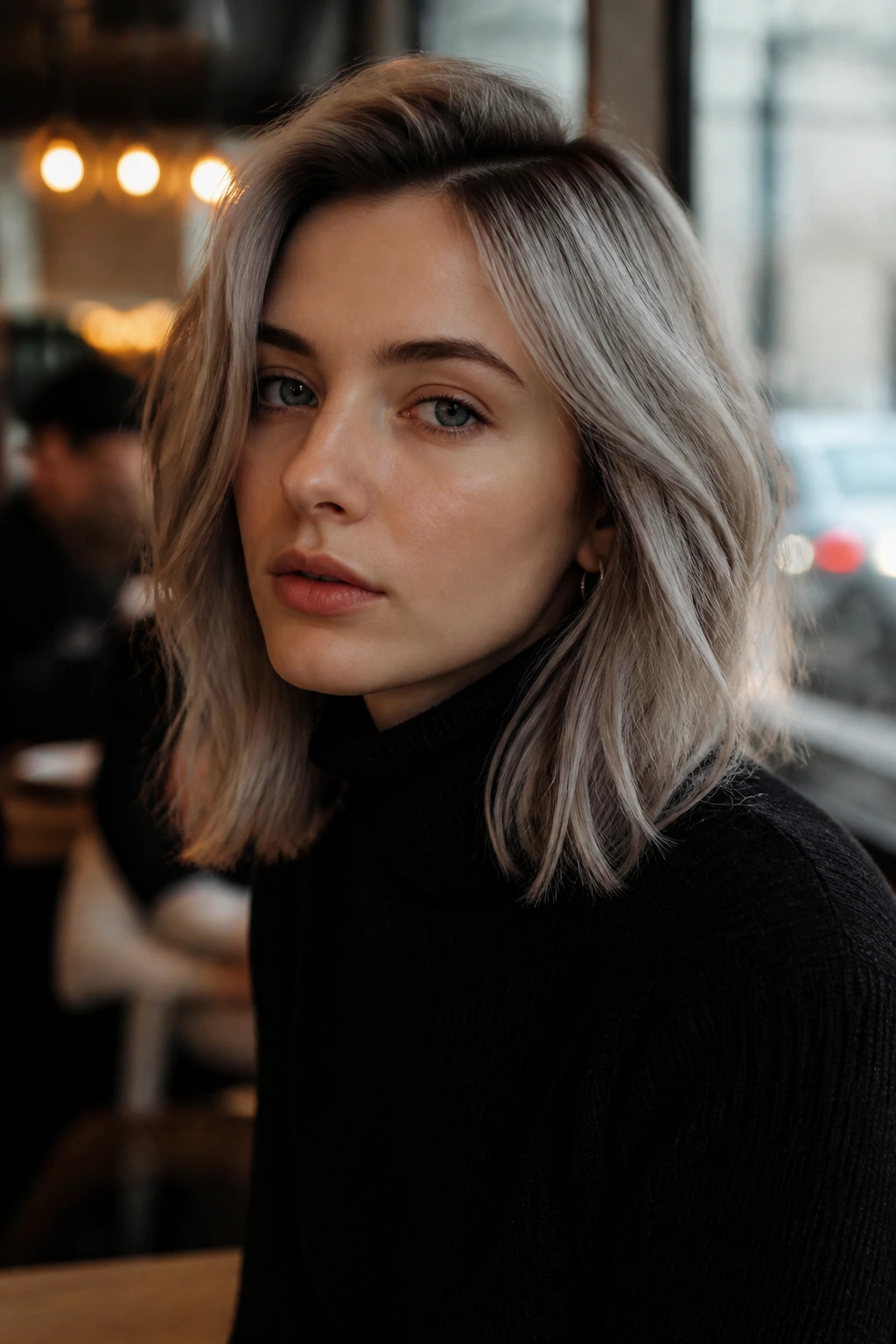 Close-up of a real woman with smoke blonde hair and a grey-violet cast in a moody cafe setting.