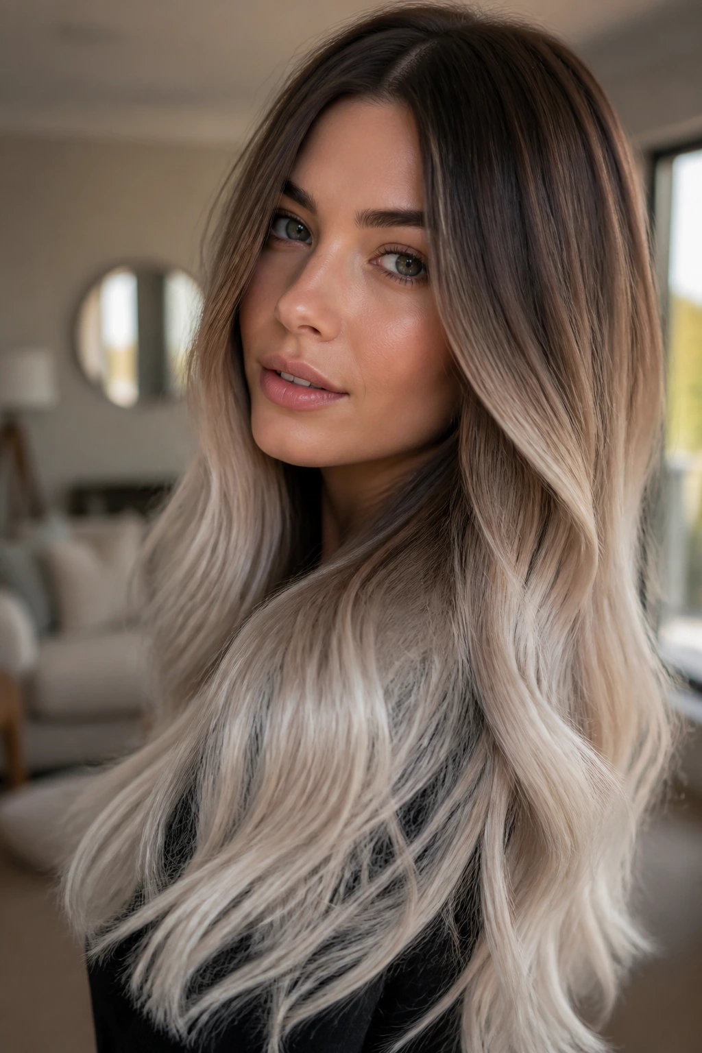 Close-up of a real woman with smoky brown roots fading to pearl blonde ends in long hair