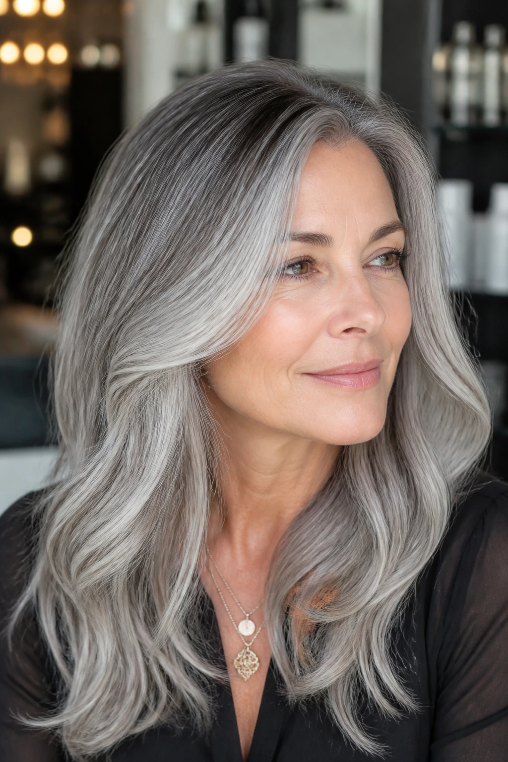 Close-up of a real woman with smoke-glass gray hair and a root melt
