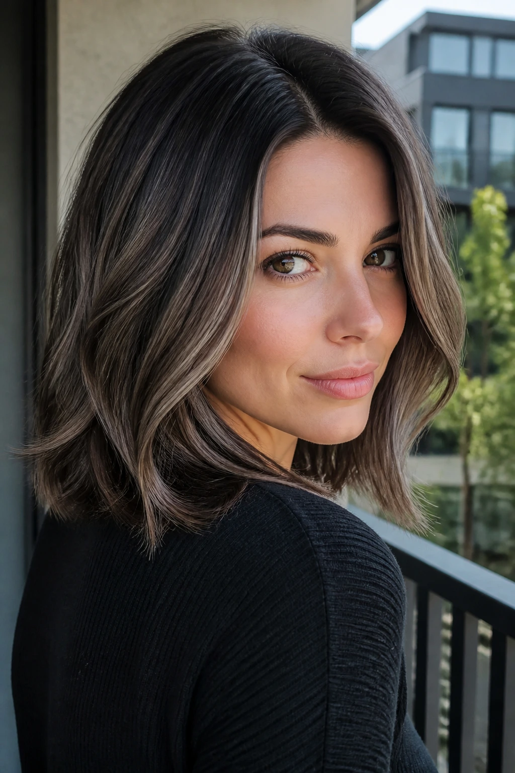 Close-up of brunette with smoke-gray tonal highlights near the base for a cool modern look