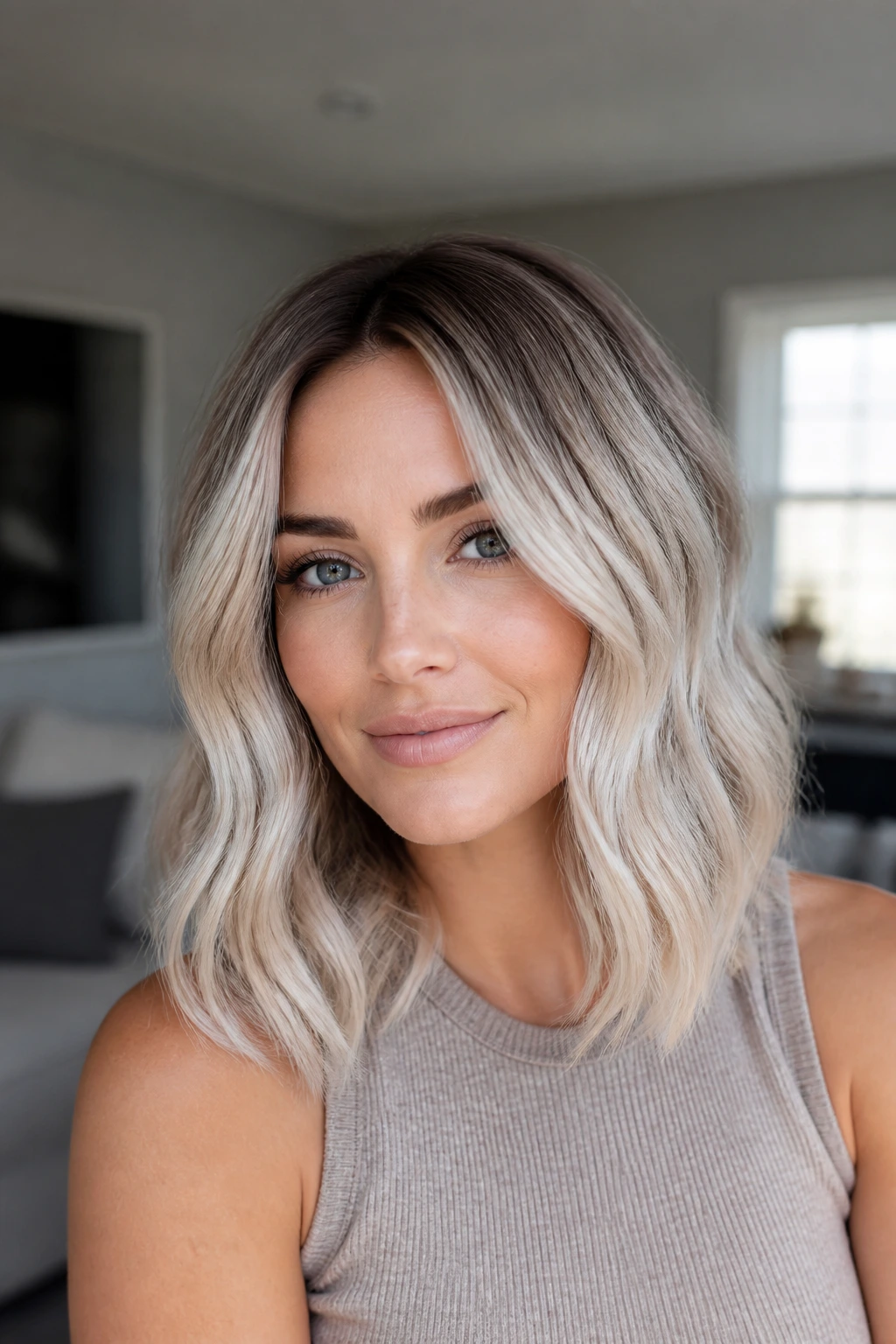 Real person with smoky root and pearl blonde blend in living room daylight