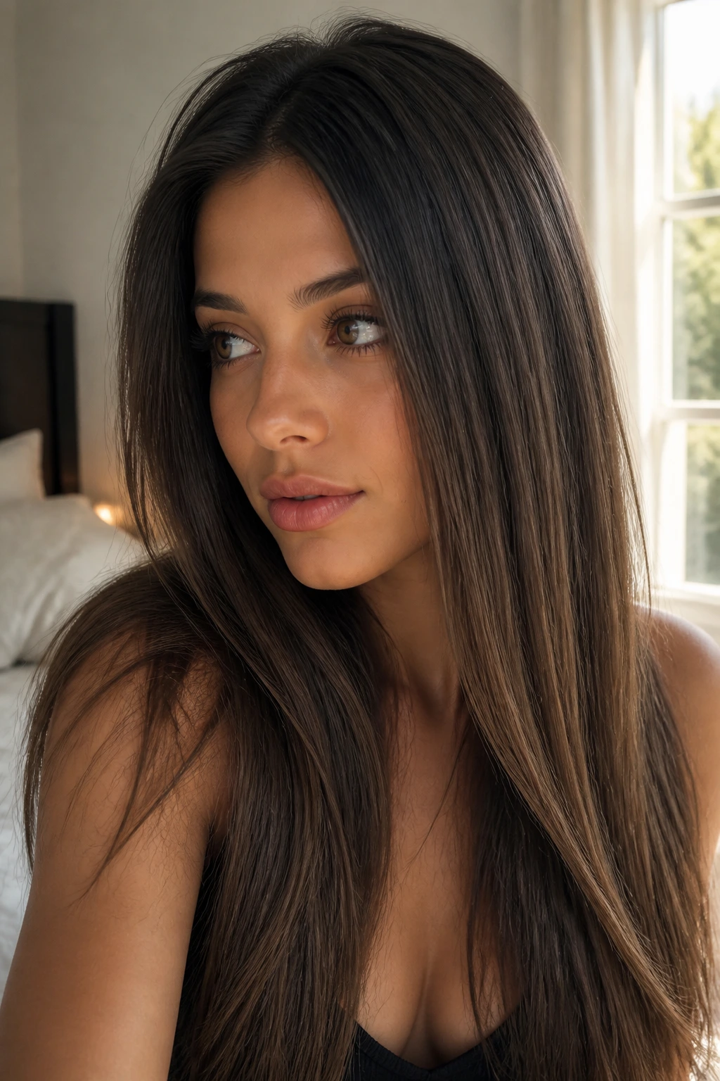Close-up portrait of a real woman with smoke-root brunette and long straight hair in warm window light