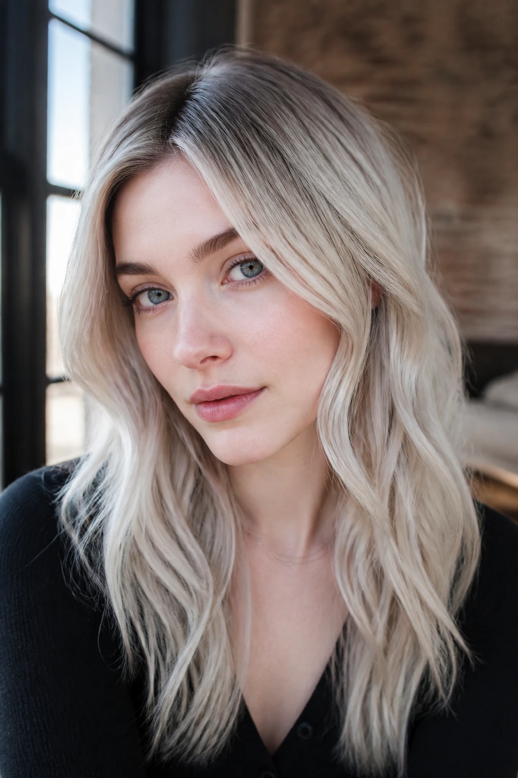 Pale-skinned woman with smoke-root platinum hair