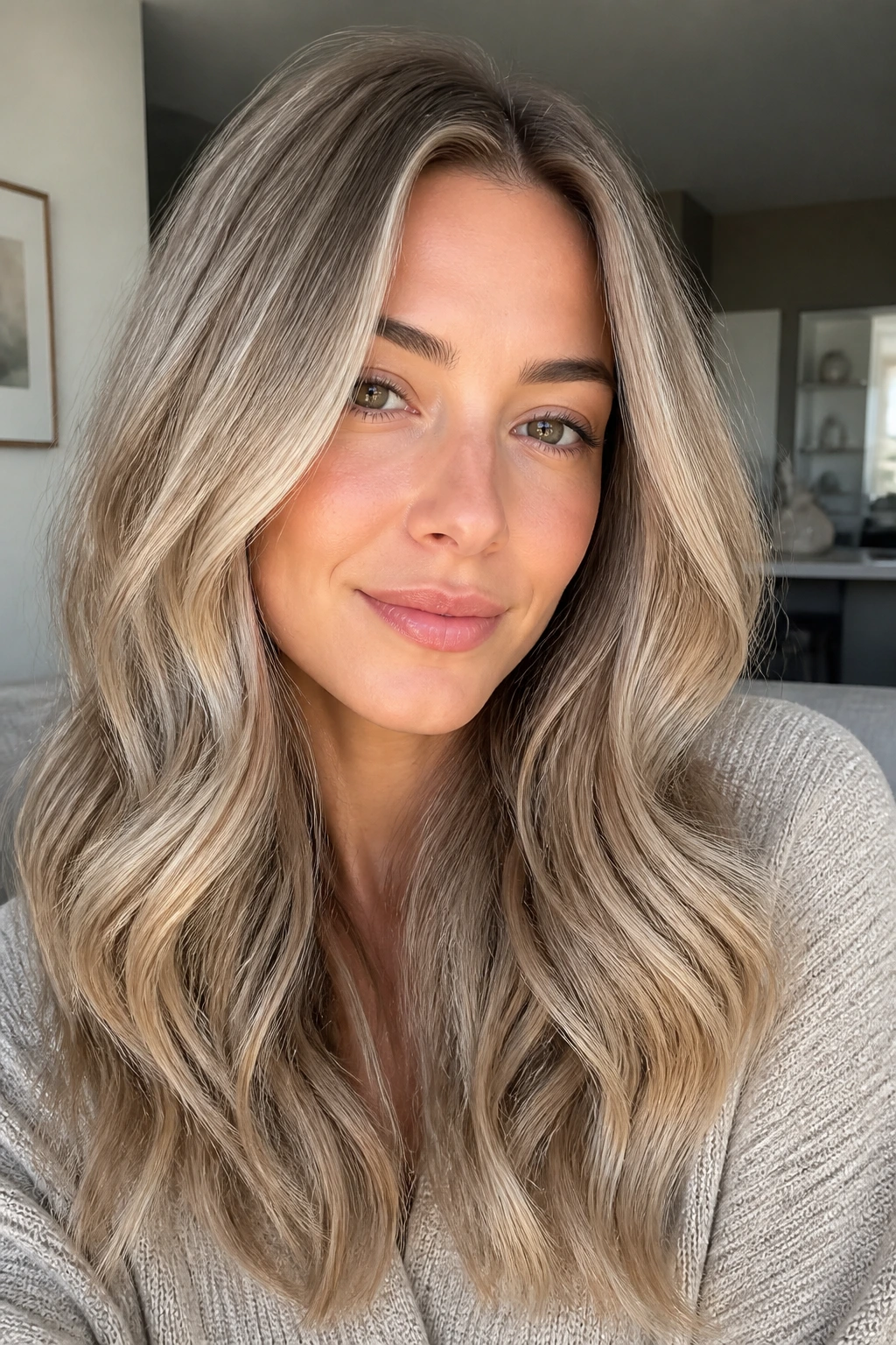 Close-up of a real woman with smoke-and-sand blonde hair in soft waves