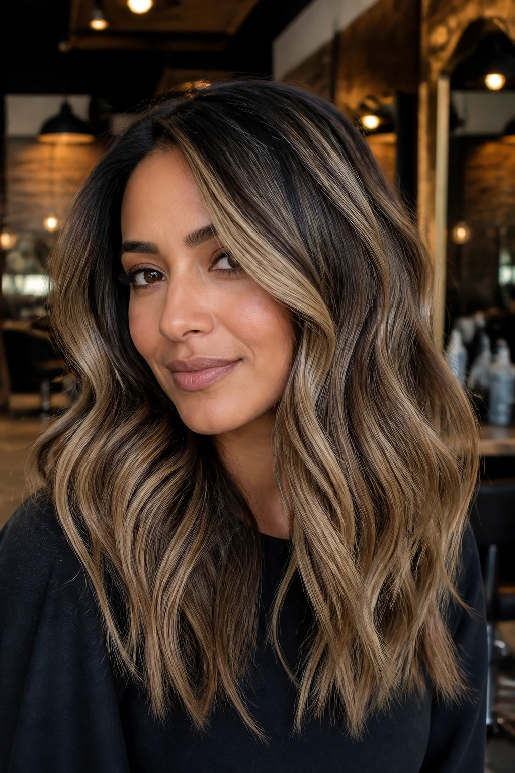 Smoked almond blonde on a darker base on real woman, close-up portrait
