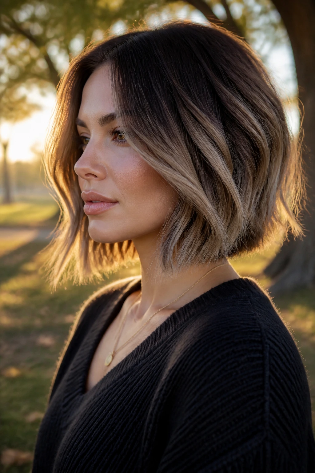 Portrait of real woman with smoked almond melt hair in golden hour light