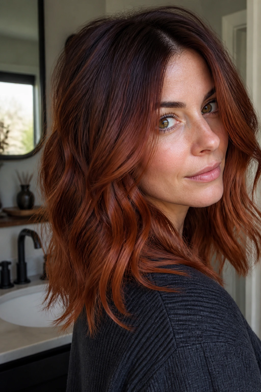 Close-up portrait of a woman with smoked auburn root melt color showing root to ends transition