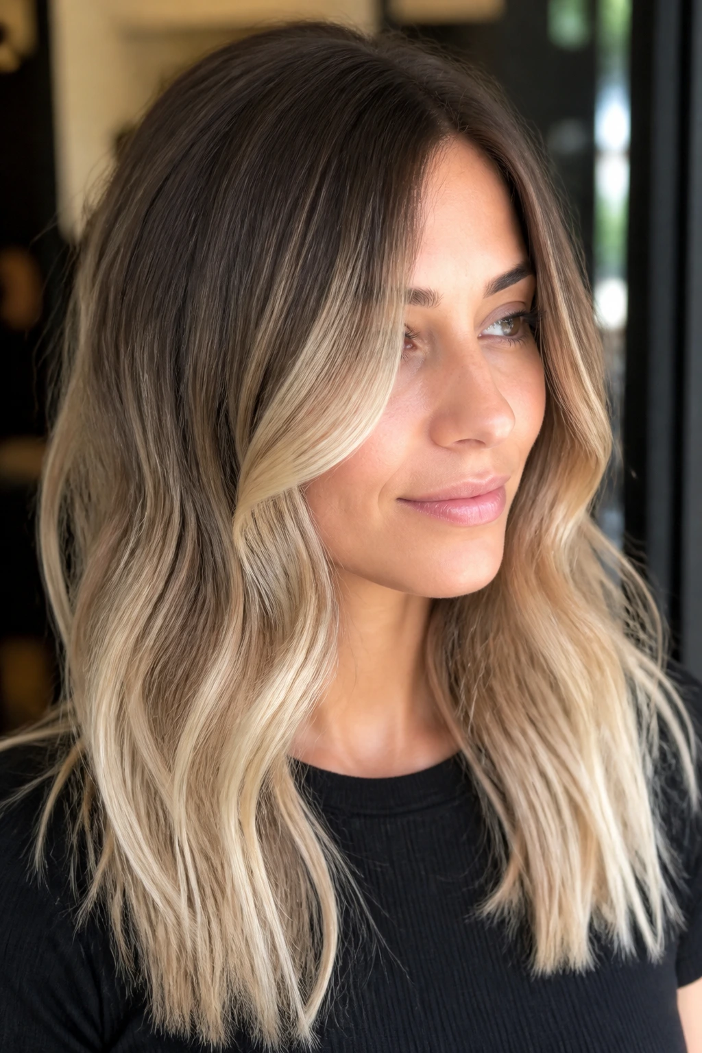 Close-up of a real person with smoked beige ombré hair from root to end