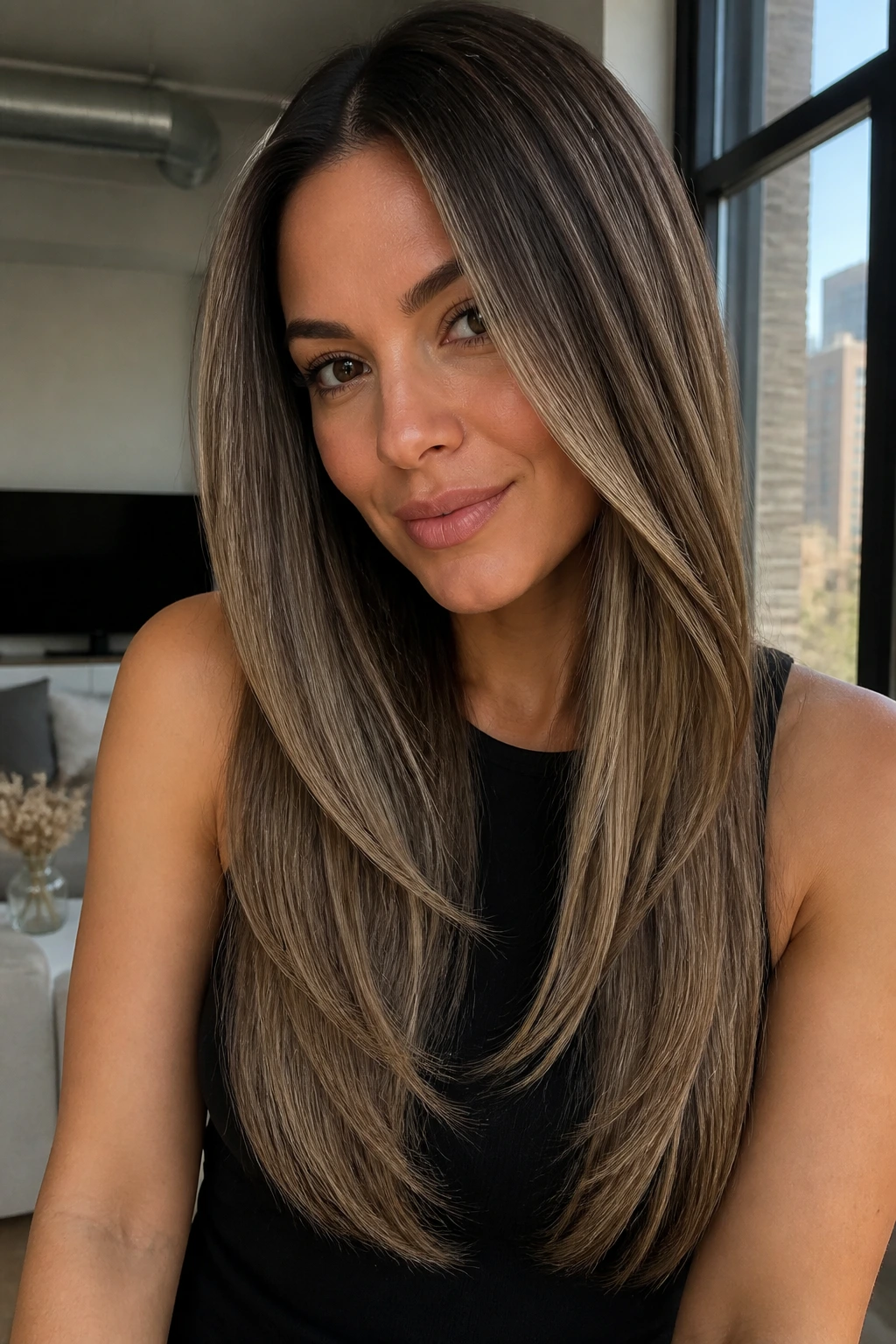 Real woman with straight long layers and smoked bronde balayage in soft daylight.