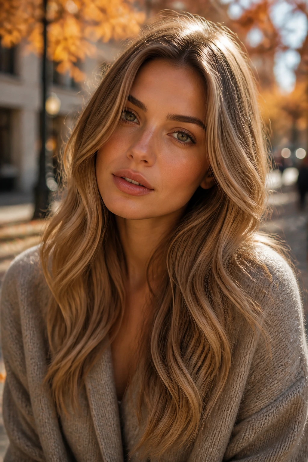 Close-up portrait of a person with smoked bronze blonde hair in an autumn outdoor setting